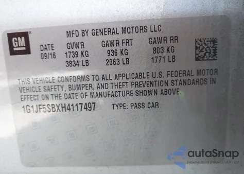 2017 Chevrolet Sonic Premier Auto from USA, damaged, VIN 1G1JF5SBXH4117497